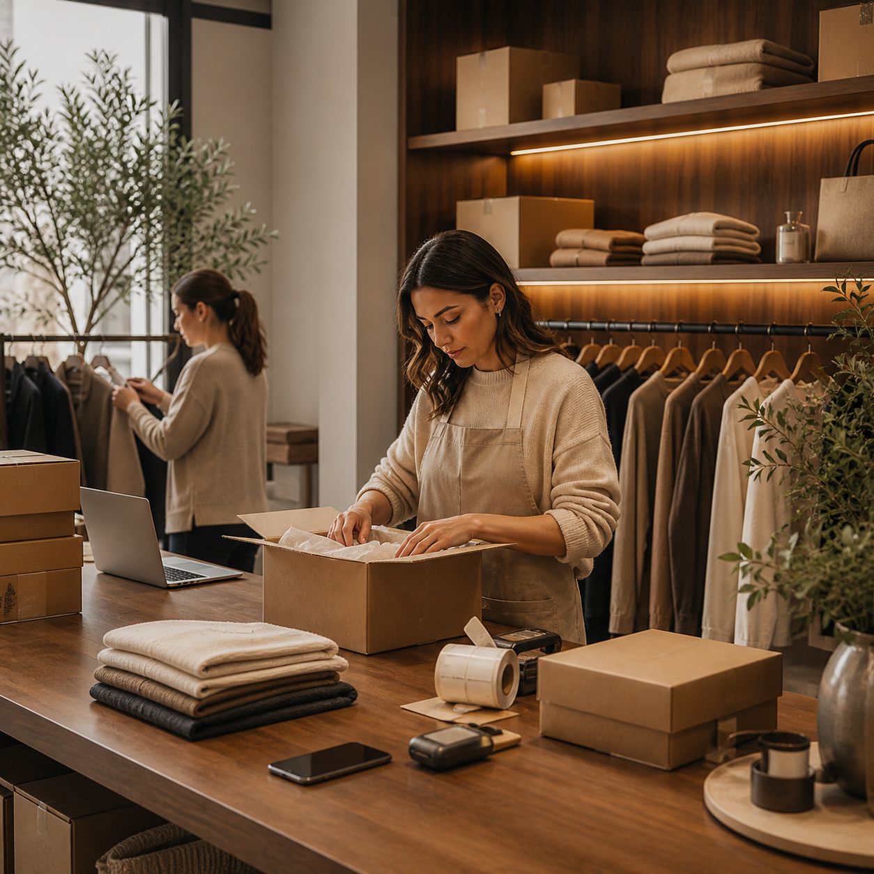 A retail employee packing an online order in a warm, modern boutique workspace with clothing, boxes, and shipping materials.